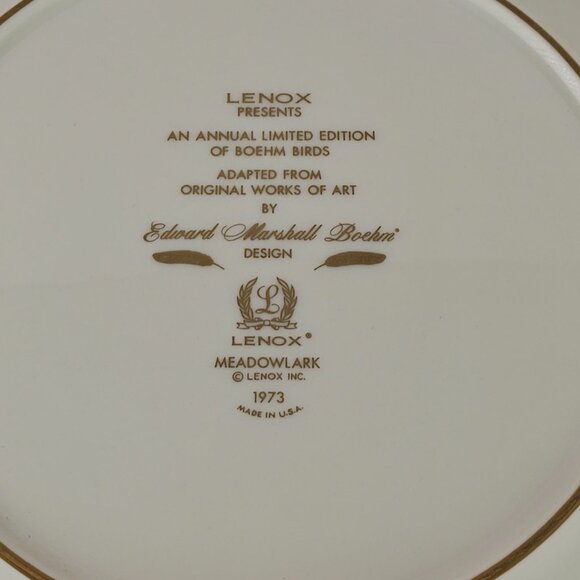 Lenox Meadowlark Limited Edition Plate By Edward Marshall Boehm 1973 Made In USA - Picture 4 of 8